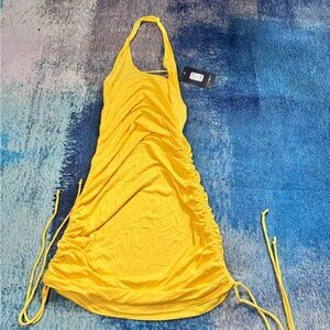 Sunny Yellow Ruched Halter Dress